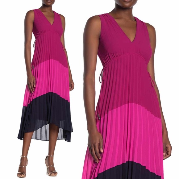 Taylor Pleated Asymmetric ColorBlock Chiffon Dress - Picture 3 of 11